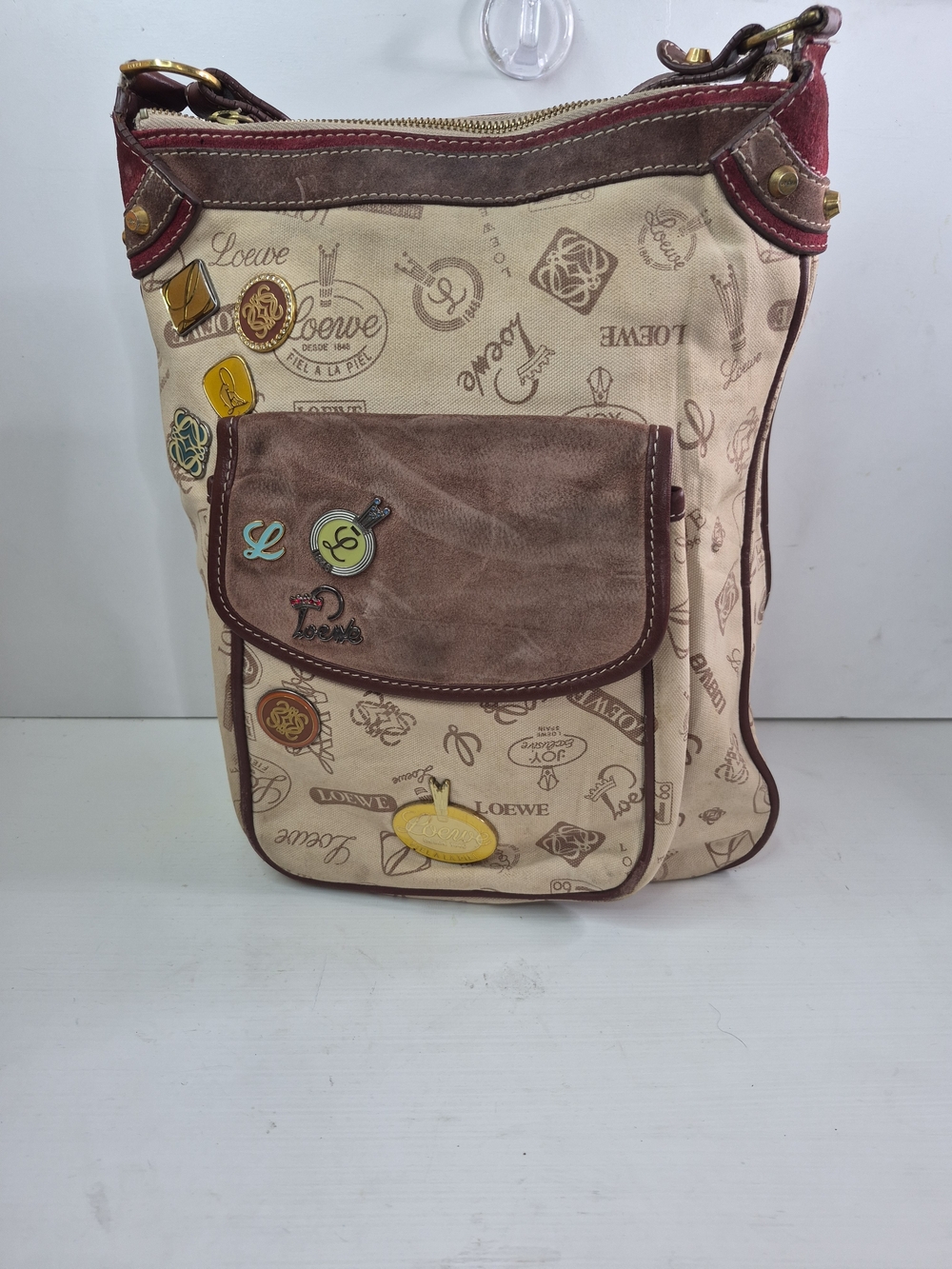 Loewe Canvas & Leather Crossbody Bag in Beige and Brown with Burgundy Trim